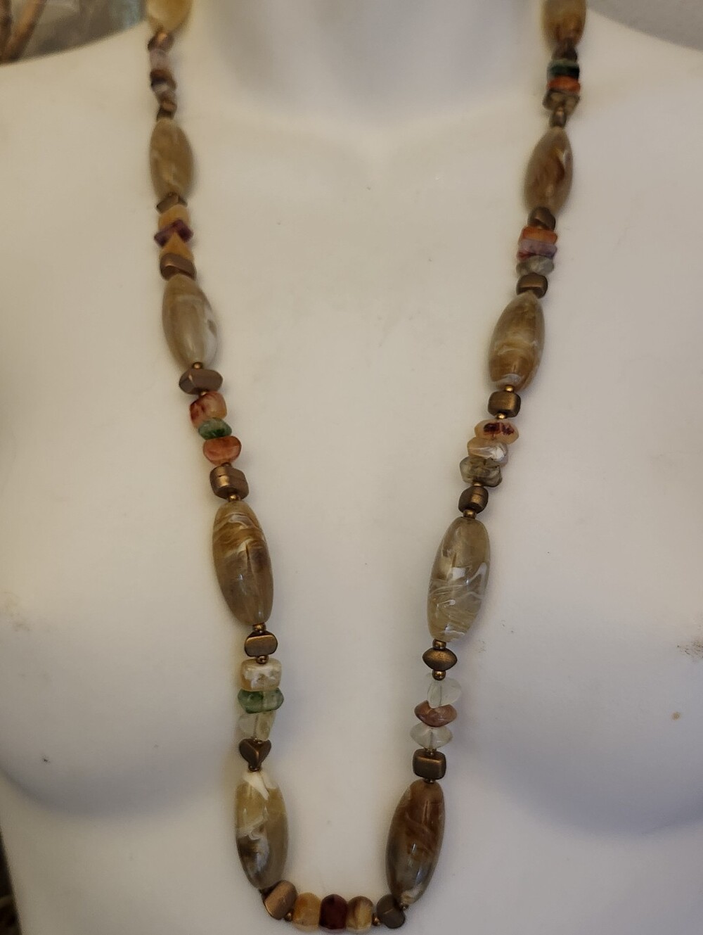 Vtg Pauline Rader Boho Multicolor Stone Bead Long Necklace - Earth Tones